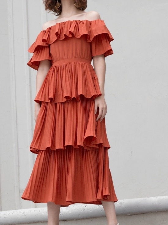 Beulah Dresses & Skirts - Beulah Style Off Shoulder Layered Pleated Dress Orange Size S NWT